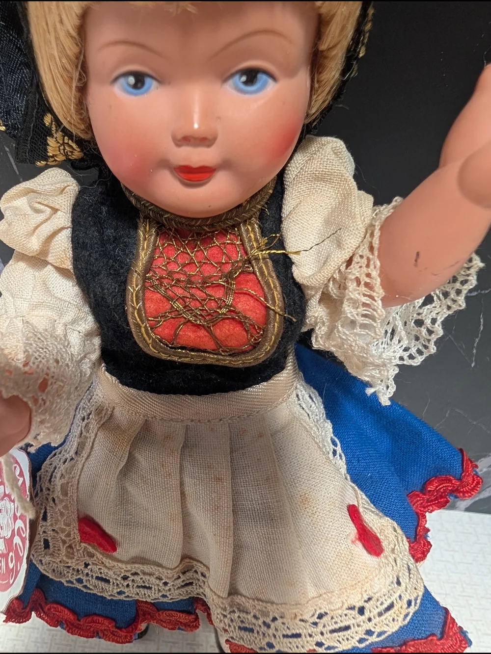 Vintage Austrian Trachen-Puppen Costume Doll with Blue, White & Red Outfit